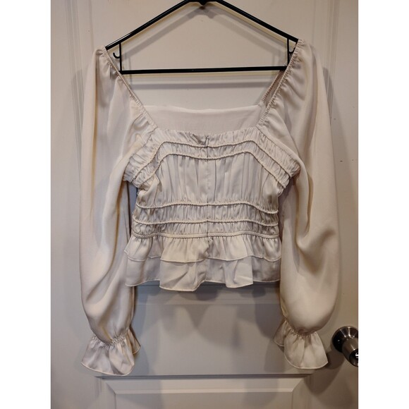 Women's Greylin Satin Square Neck Smocked Long Sleeve Blouse Ivory Small - Picture 3 of 8